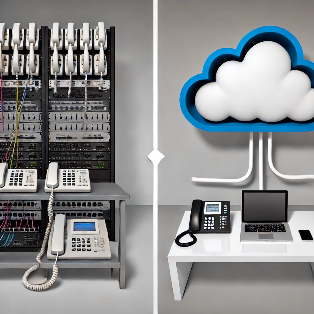 texto descritivo que incorpore a palavra-chave principal de forma natural. Exemplo: "Comparação visual entre o PABX tradicional com infraestrutura física e o PABX em nuvem, destacando a mobilidade e eficiência do sistema UniCloud.